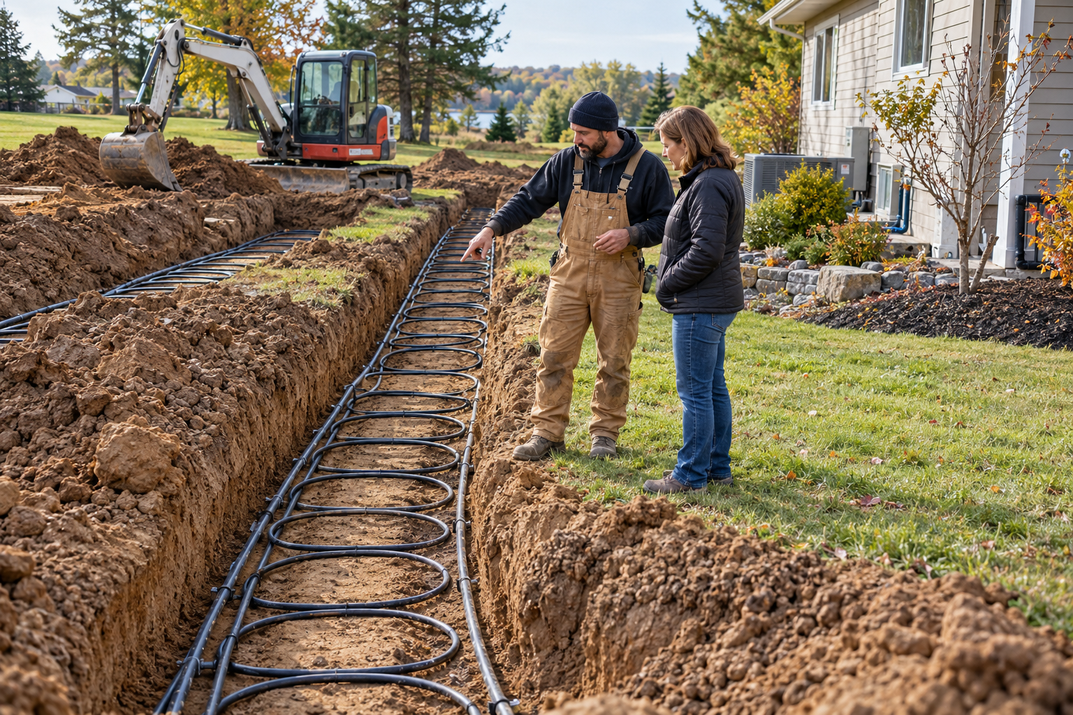 A geothermal installer and homeowner review ground-loop piping laid in a residential yard trench.
