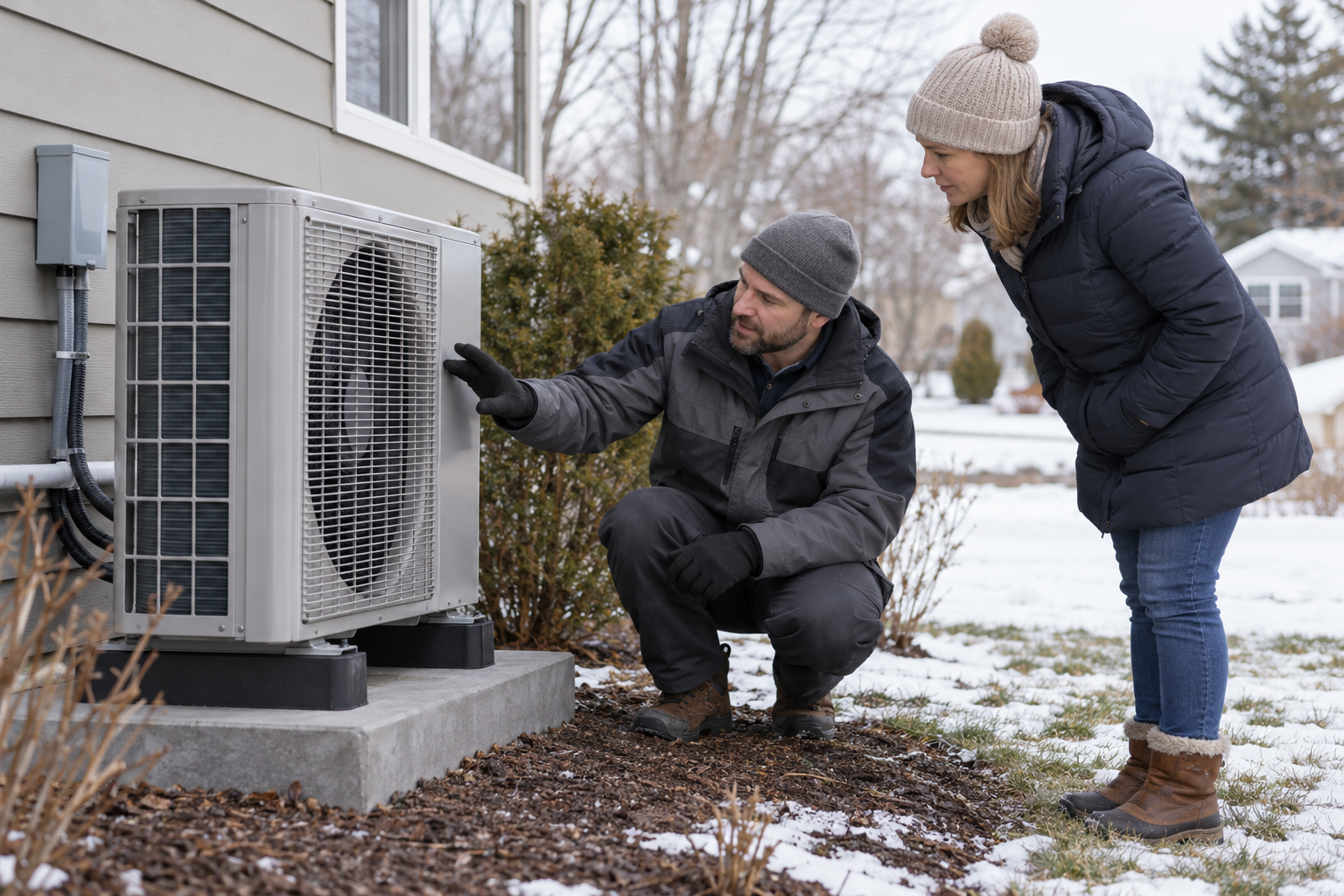 A technician and homeowner review an outdoor air-source heat pump during winter operation.