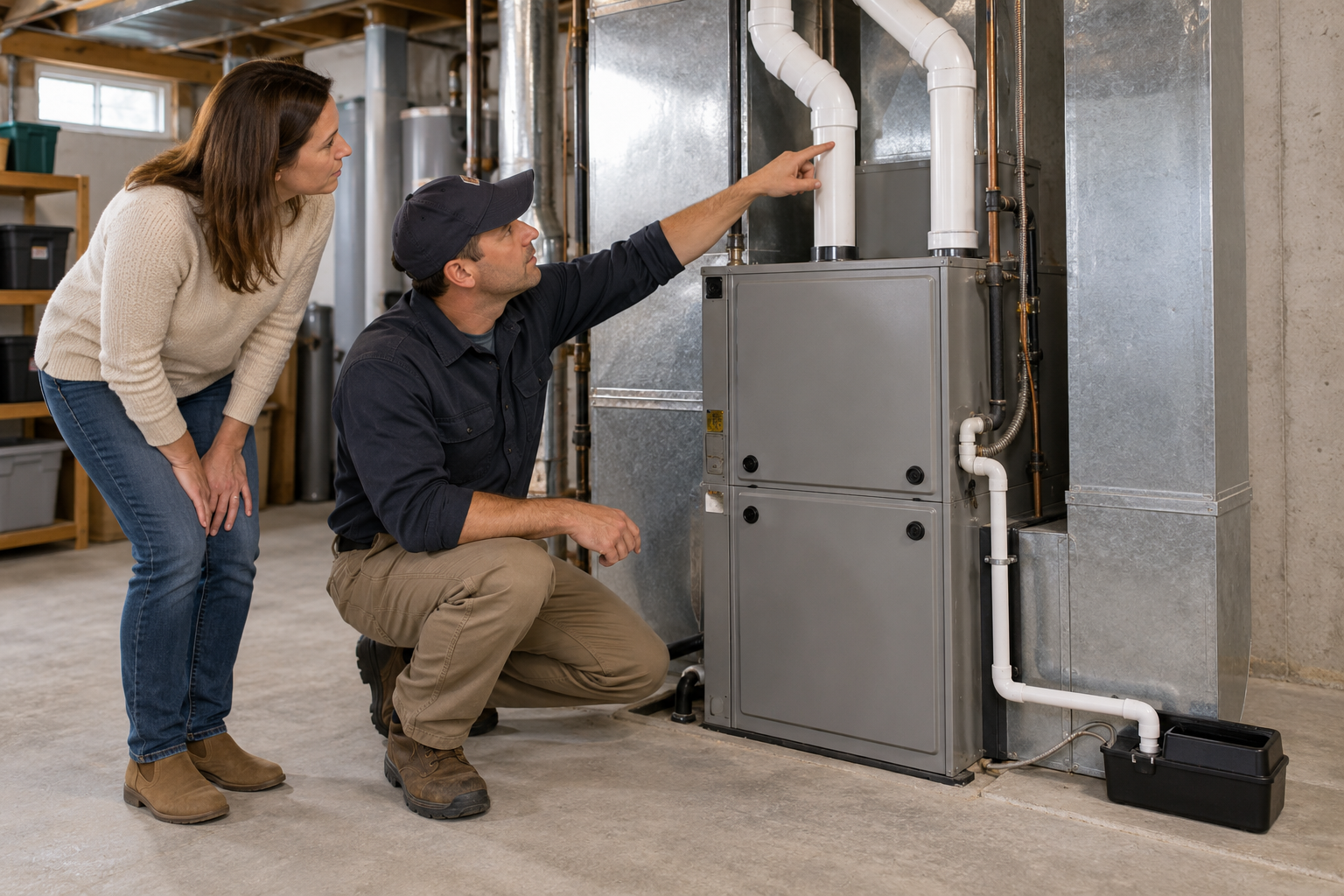 An installer reviews the vent pipes and condensate drain of a high-efficiency furnace with the homeowner.
