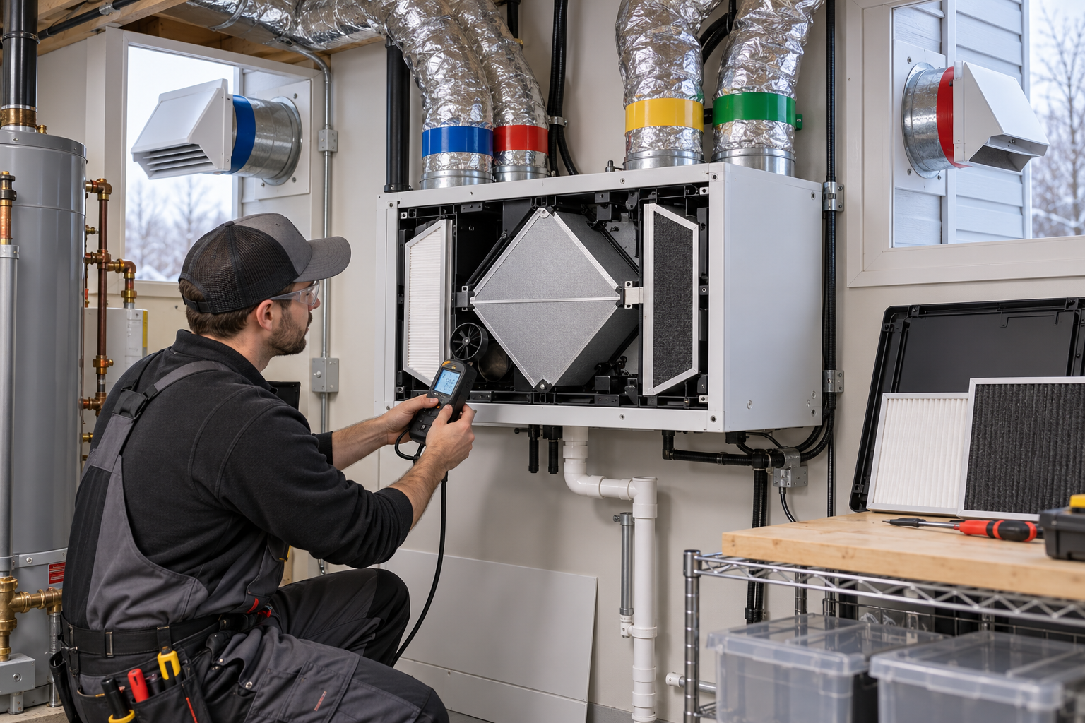 A technician measures airflow at an accessible heat recovery ventilator with its filters and ducts visible.