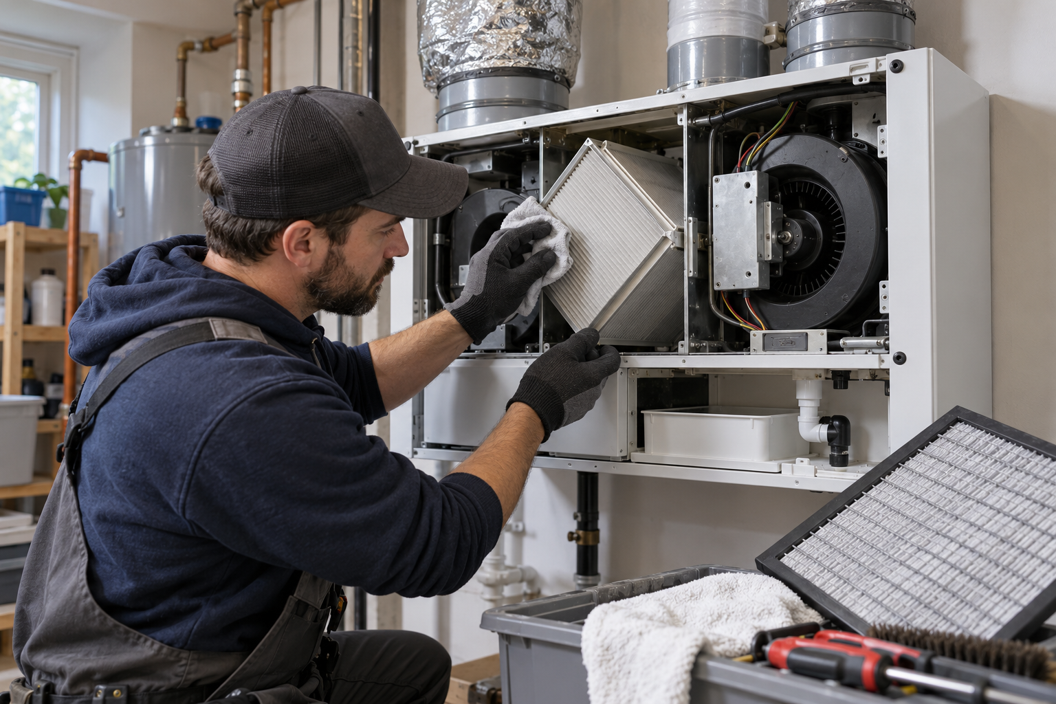 A technician removes a ventilation filter and inspects the core and fan compartment during service.