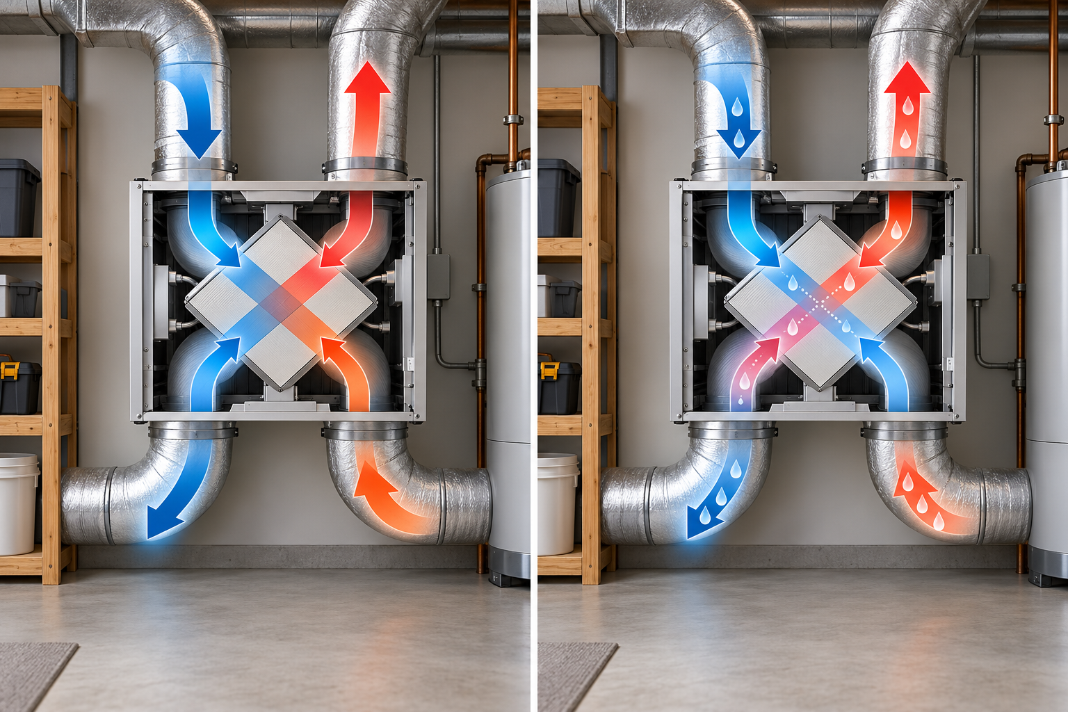 Side-by-side ventilation cores show heat exchange in both systems and moisture transfer in the ERV.