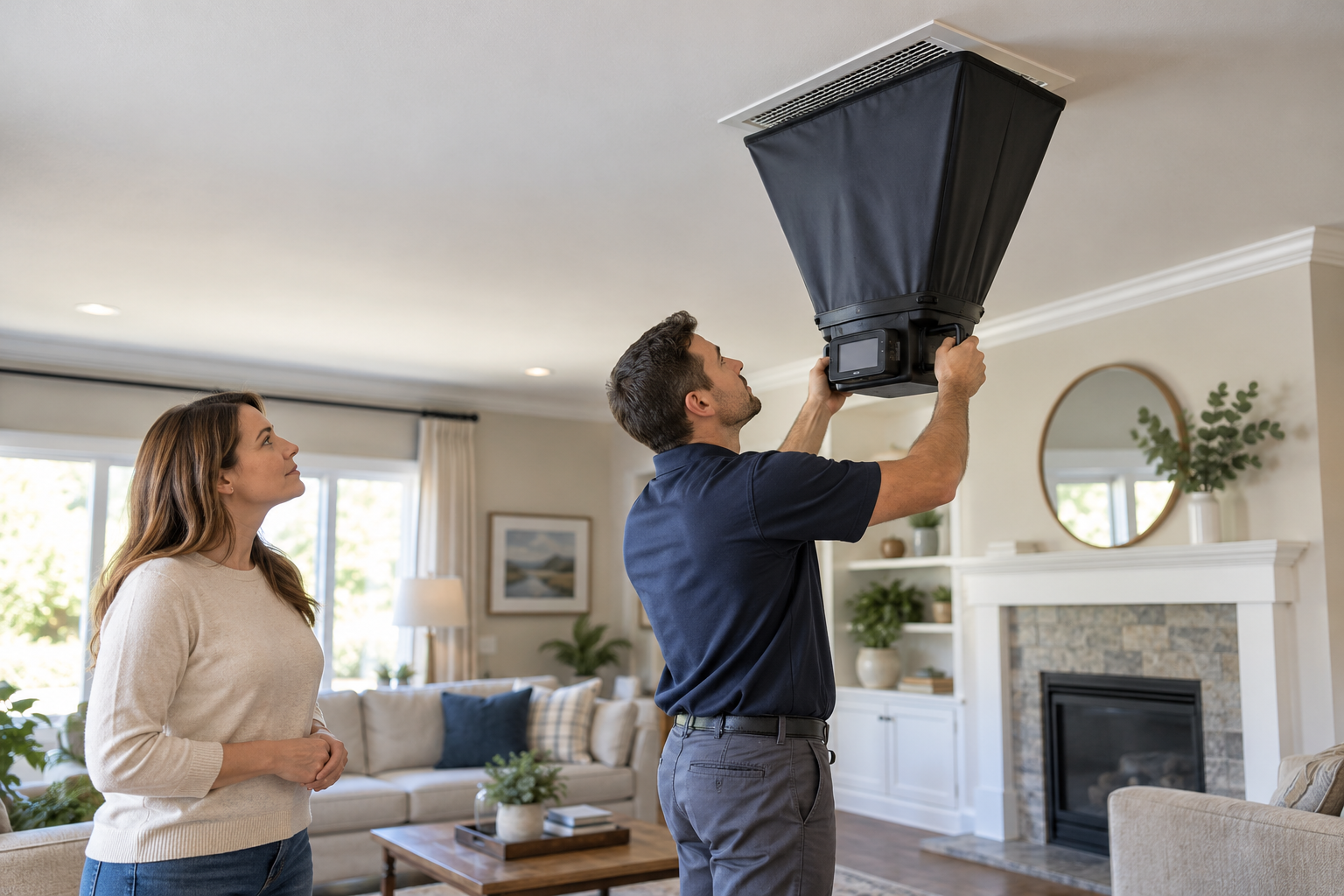 An HVAC technician measures airflow at a ceiling supply register while the homeowner observes.
