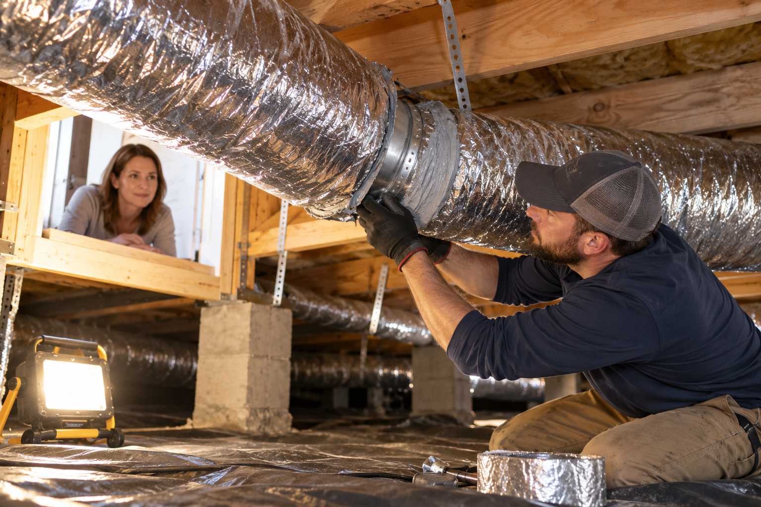 An HVAC technician reconnects and supports a flexible duct joint in an accessible crawl space.