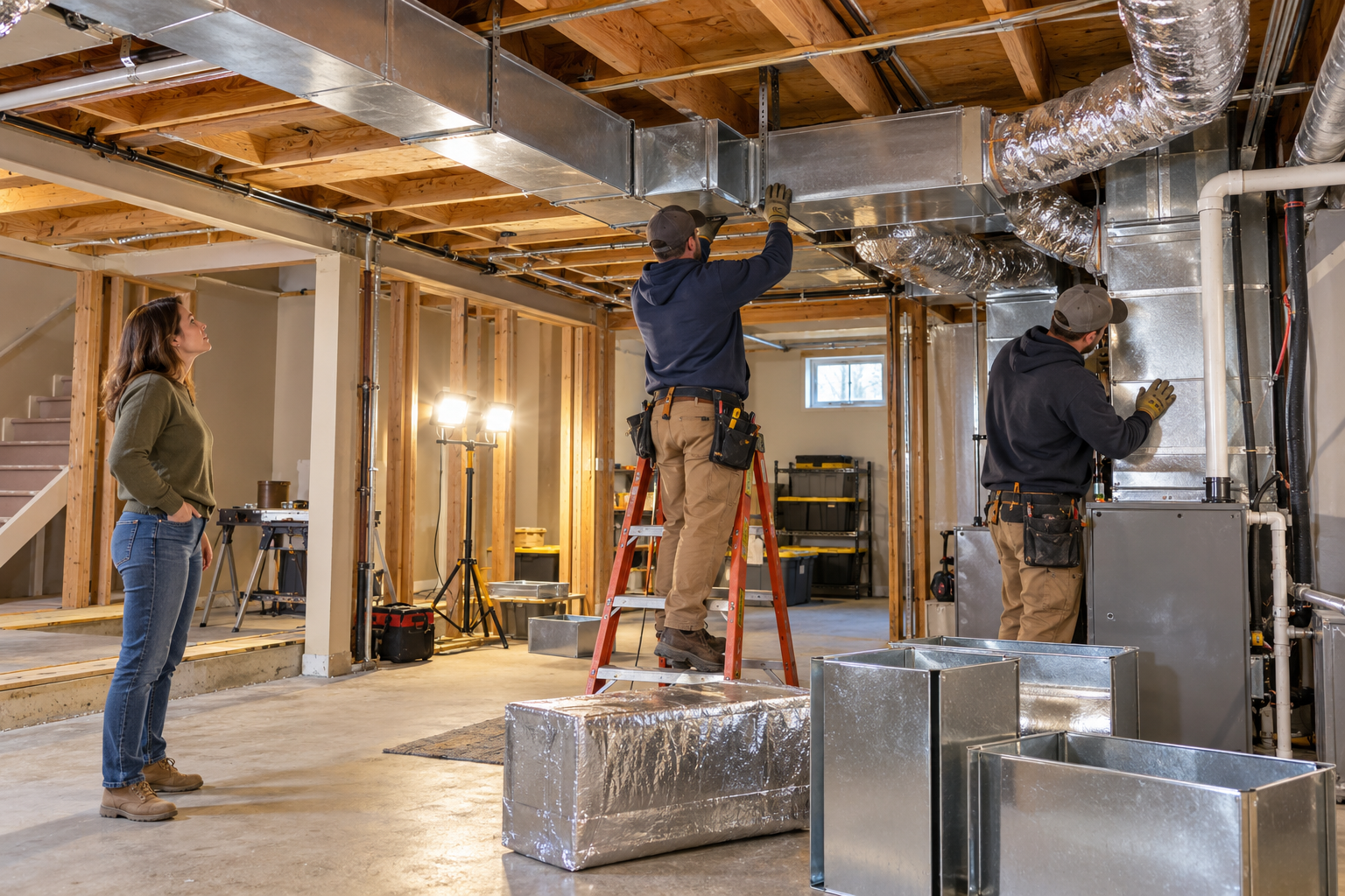 Installers replace duct trunks and branches in an open basement ceiling with the homeowner reviewing the work.