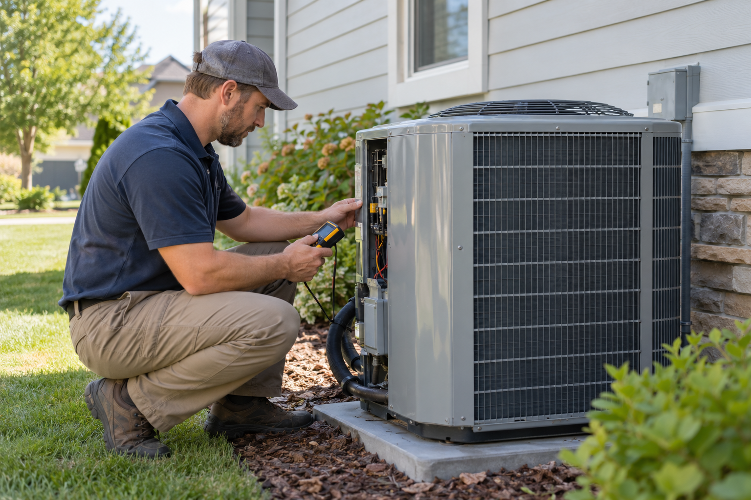 An HVAC technician checks an outdoor air-conditioning unit during a routine maintenance visit.