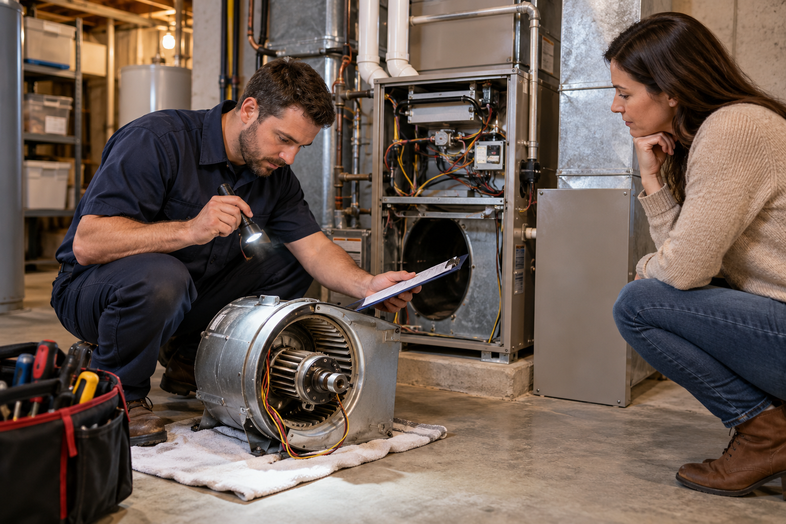 An HVAC technician inspects a blower assembly with the homeowner before defining the repair scope.