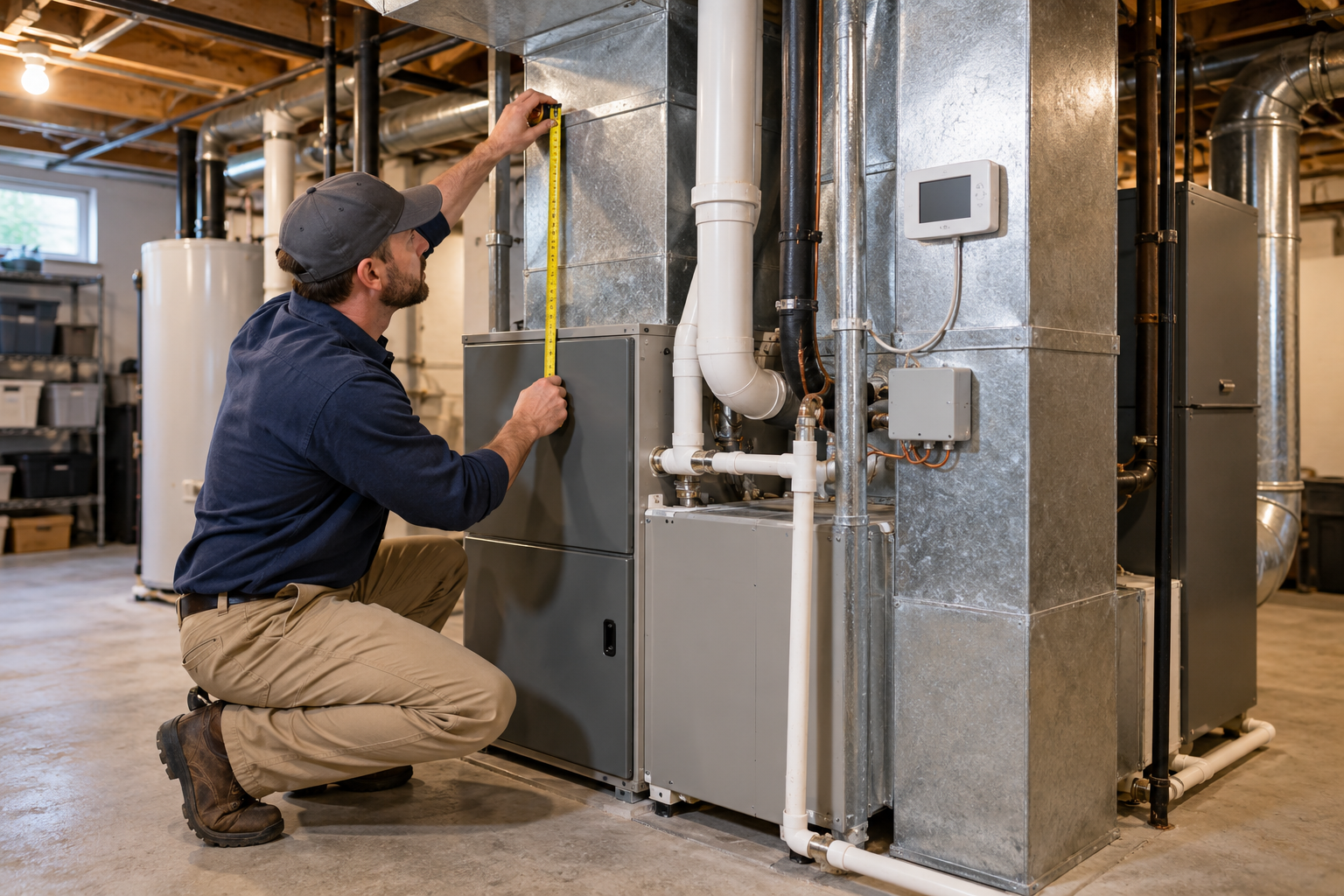 A contractor measures a residential furnace and duct connection while assessing replacement scope.