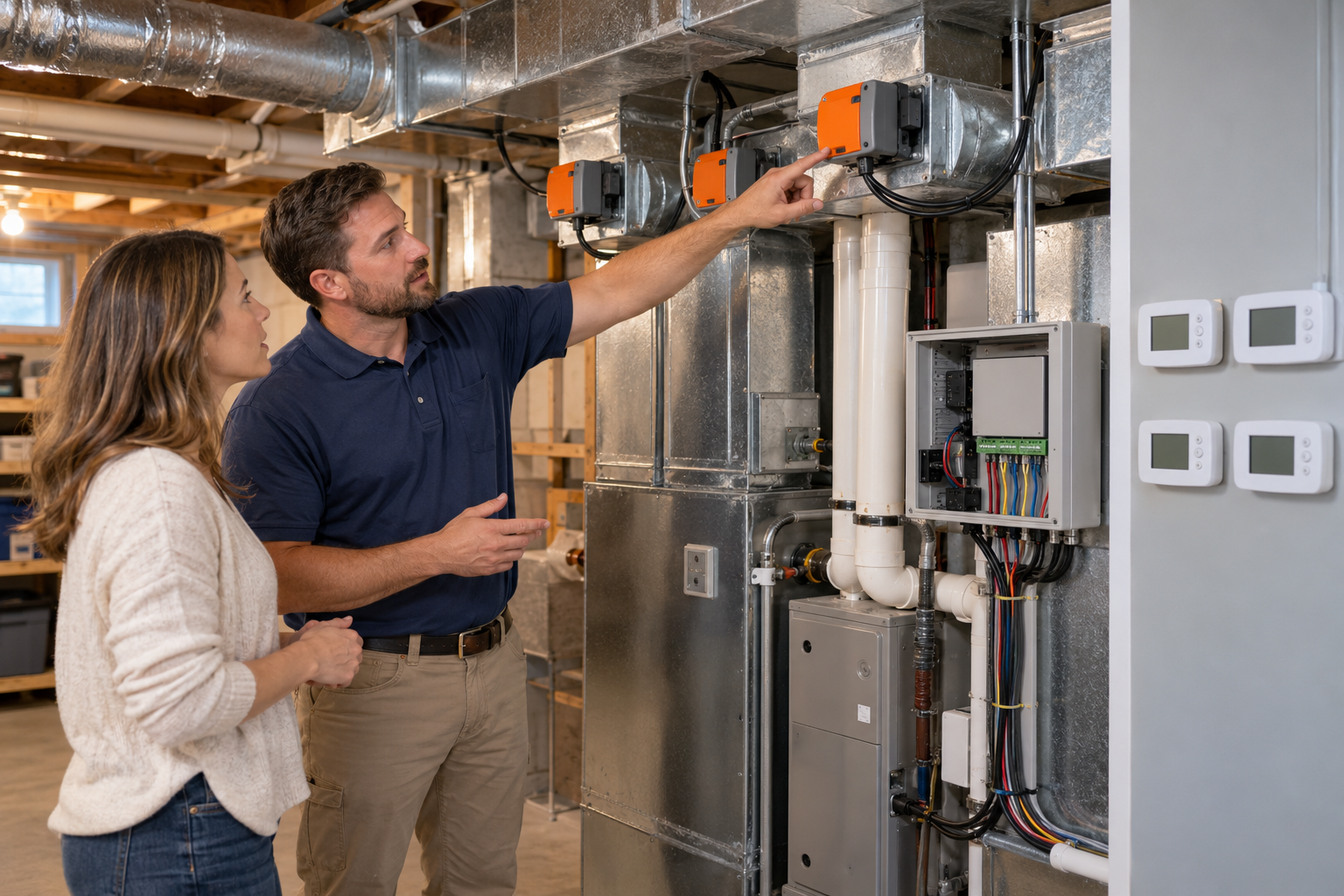 An HVAC technician explains motorized duct dampers and a zoning control panel to a homeowner.