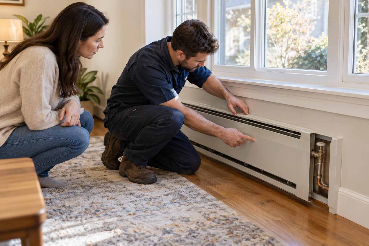 A heating technician inspects a hot-water baseboard element and valve connection with a homeowner.