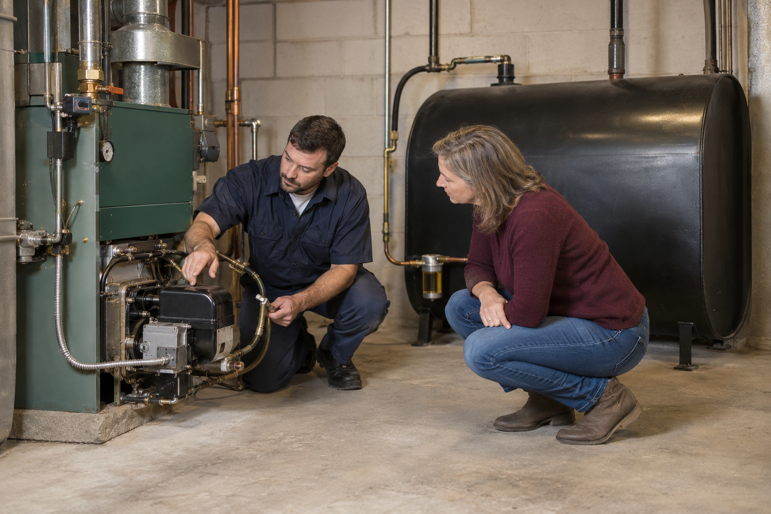 A heating technician reviews an oil furnace burner and fuel tank connections with a homeowner.