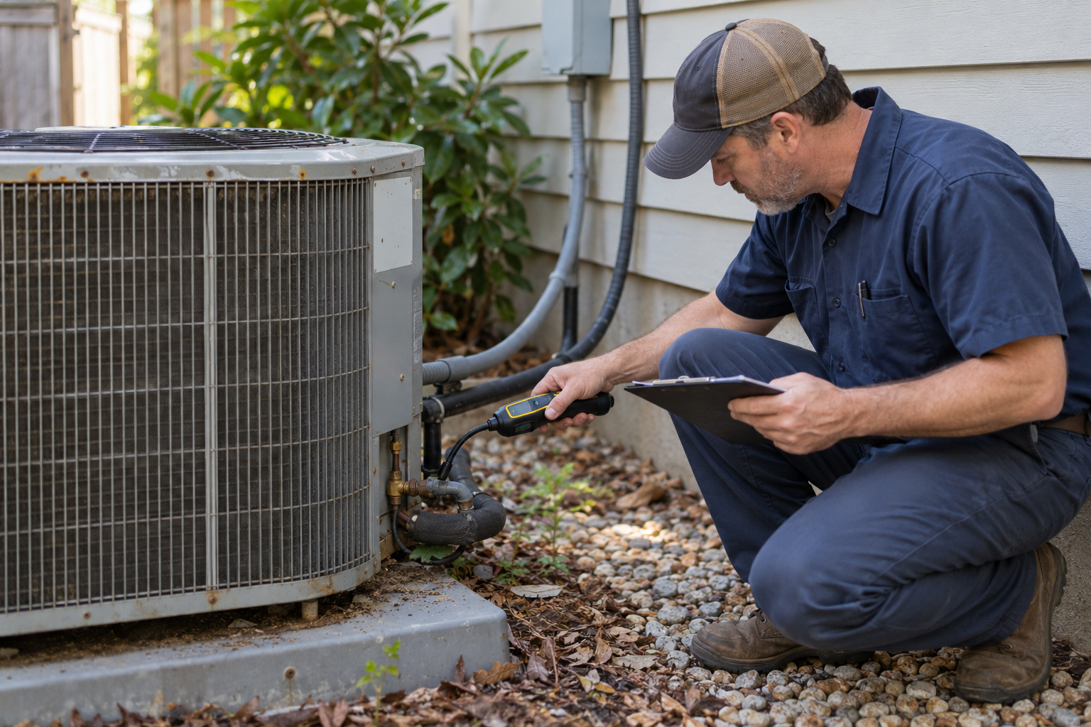 An HVAC technician checks refrigerant line connections on an older outdoor air-conditioning unit.