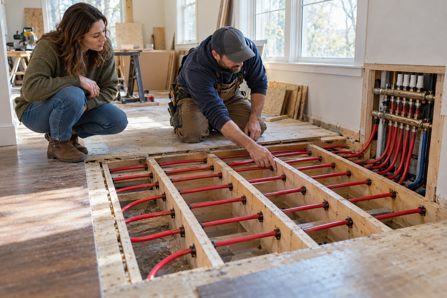 An installer and homeowner inspect radiant heating tubing beneath an opened floor during a retrofit.