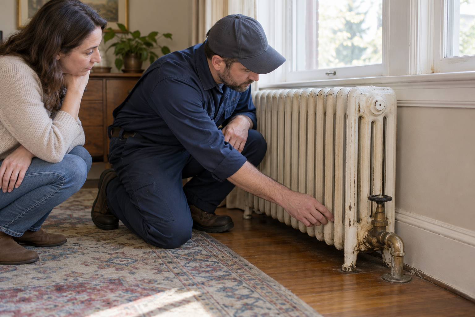 A heating technician inspects a cast-iron radiator valve and pipe connection with a homeowner.