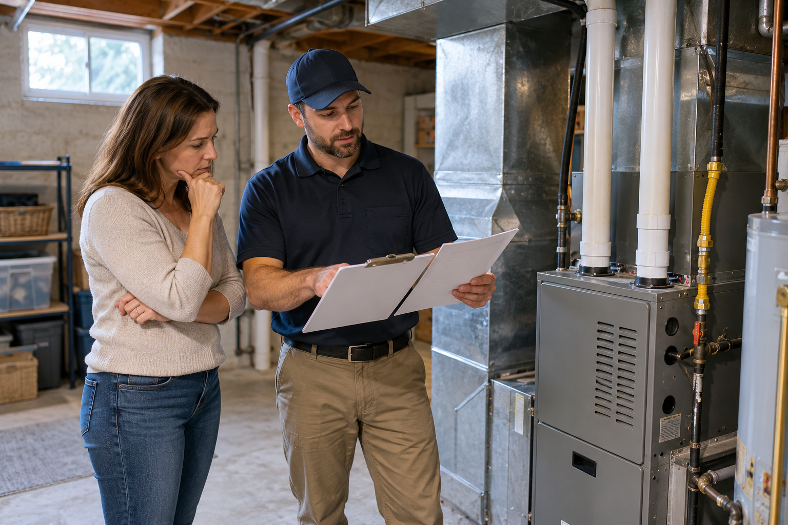 A homeowner and HVAC professional compare estimates beside the existing furnace.