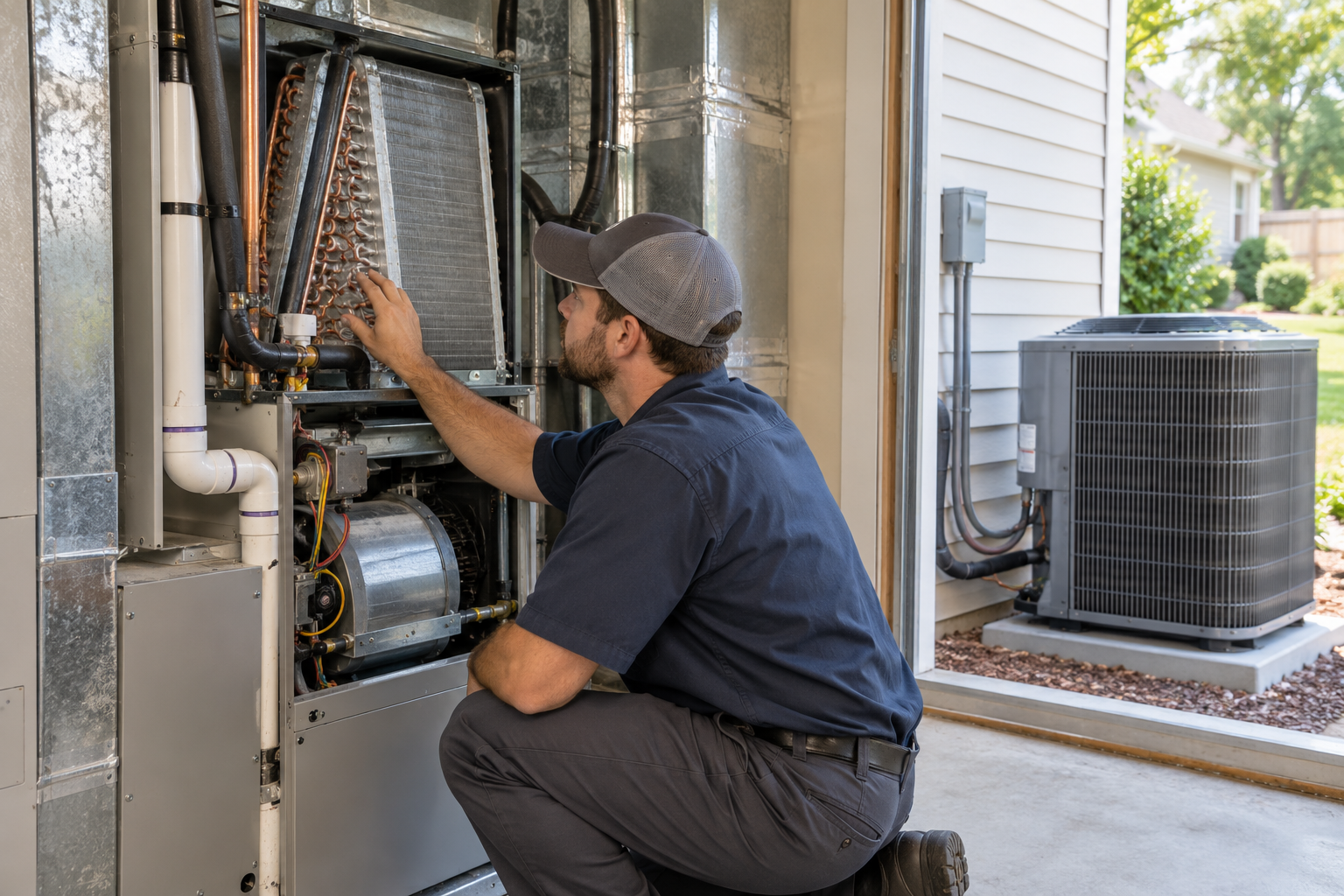 A technician inspects an indoor furnace and coil alongside its outdoor central air conditioner.