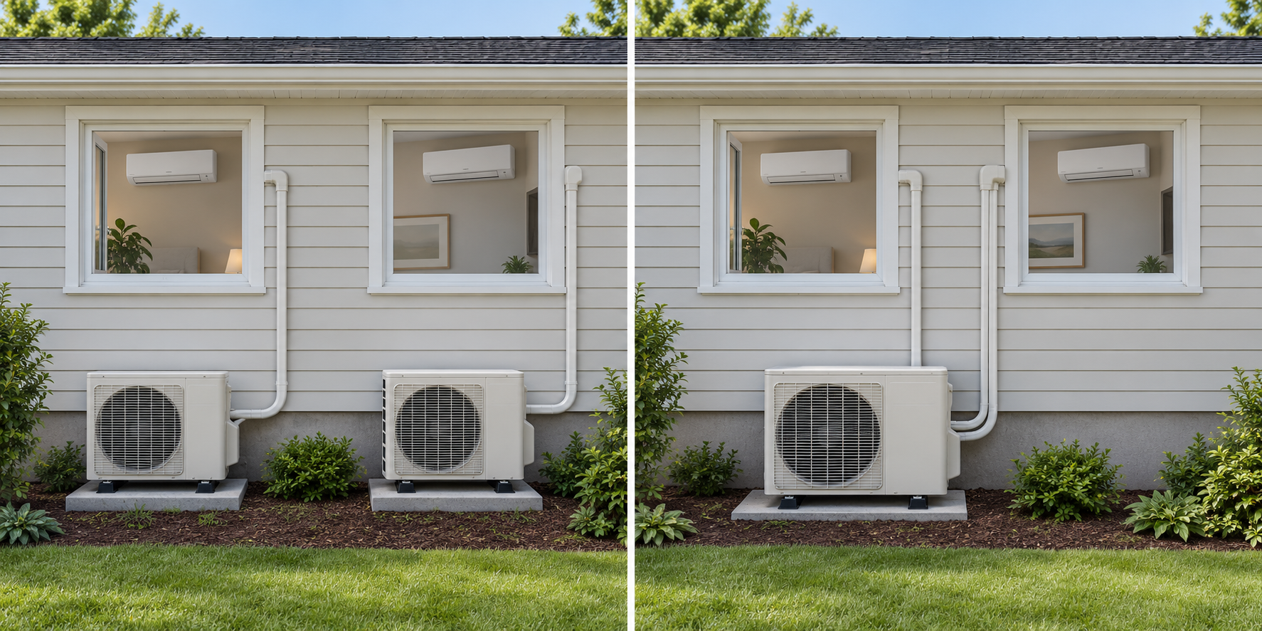 Side-by-side illustration of two single-zone outdoor units and one multi-zone unit serving multiple rooms.