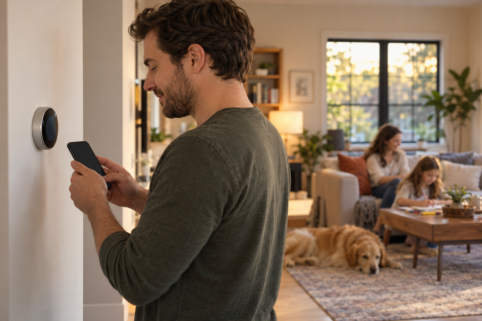 A homeowner uses a phone beside a wall thermostat while the family relaxes at home.