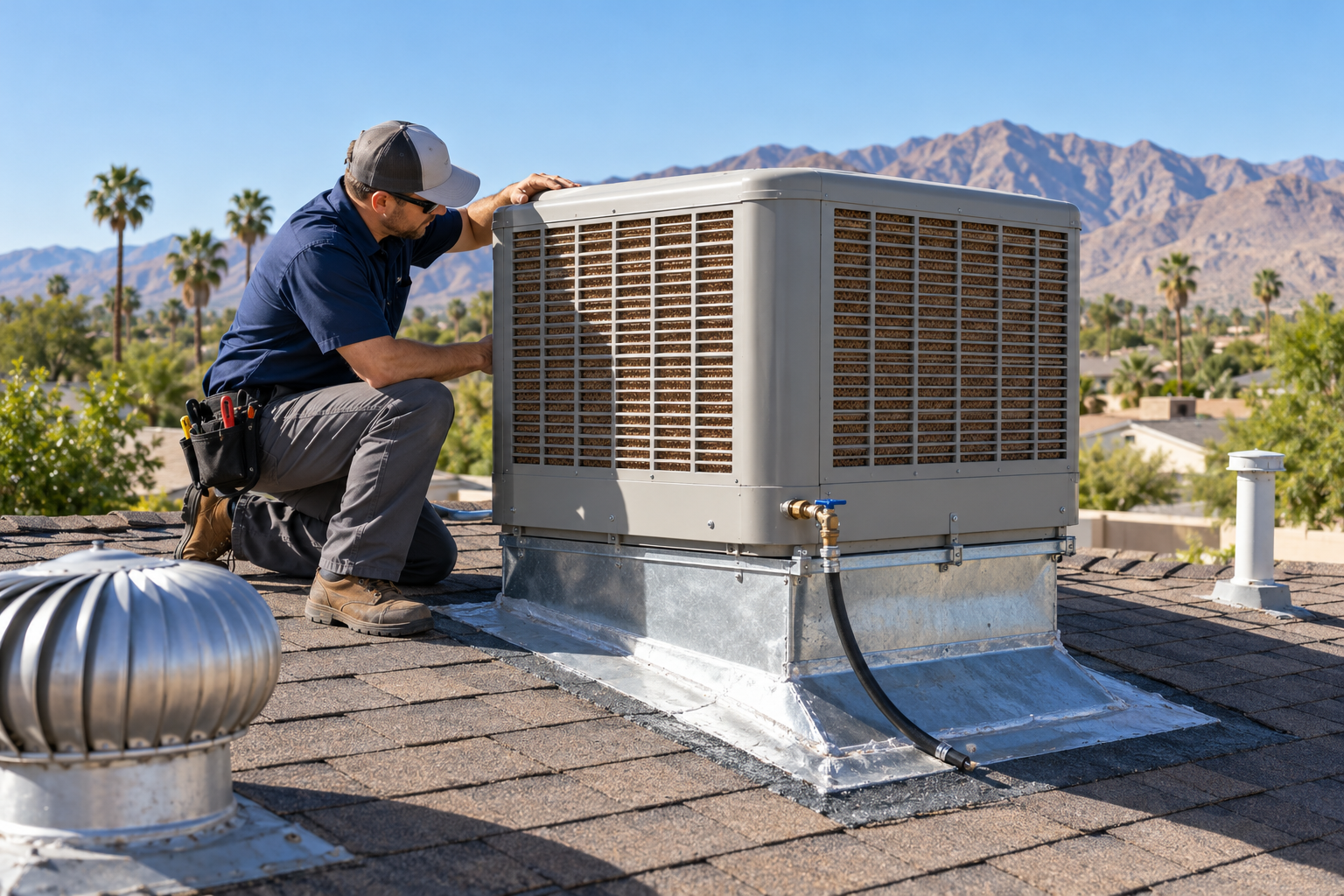 A technician inspects a roof-mounted evaporative cooler, its mounting curb, and water connection.