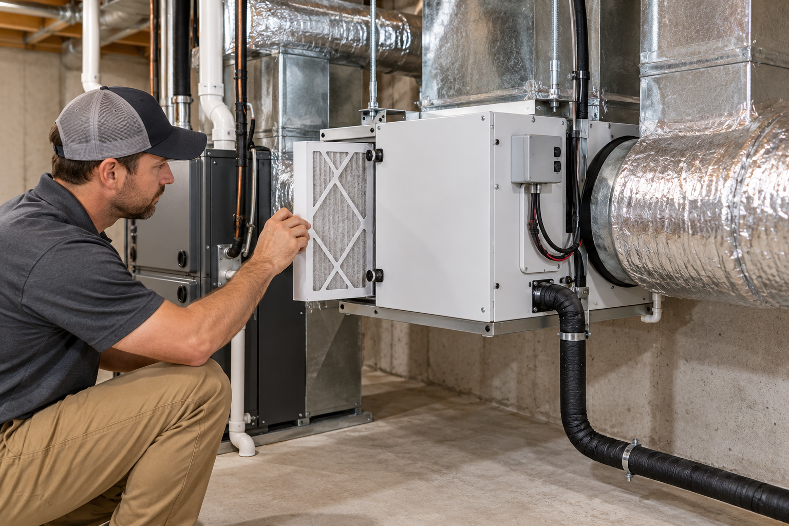 A technician checks the filter access and duct connections on a whole-house dehumidifier.