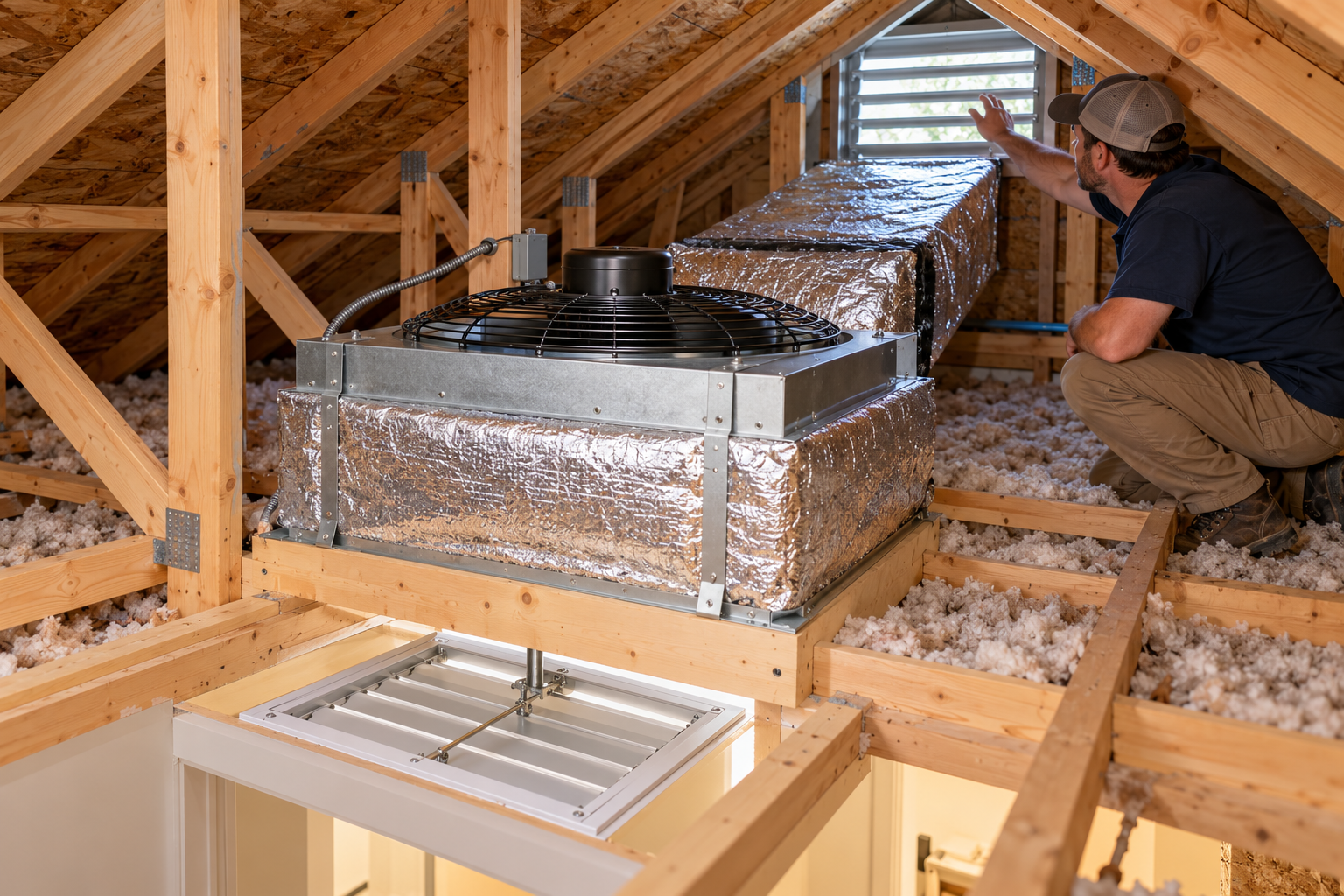 An attic technician inspects an insulated whole-house fan and its exhaust path.