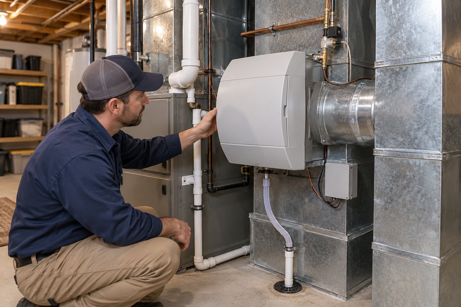 A technician checks a duct-mounted whole-house humidifier with its water and drain connections visible.