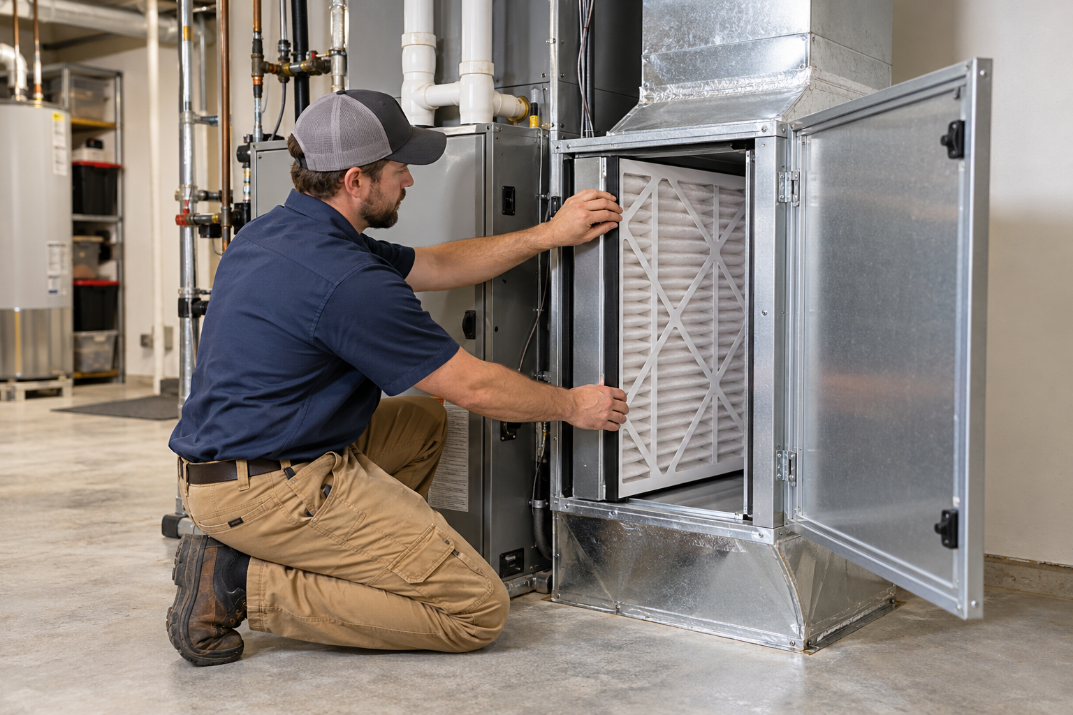 A technician fits a deep pleated media filter into a cabinet in the furnace return duct.