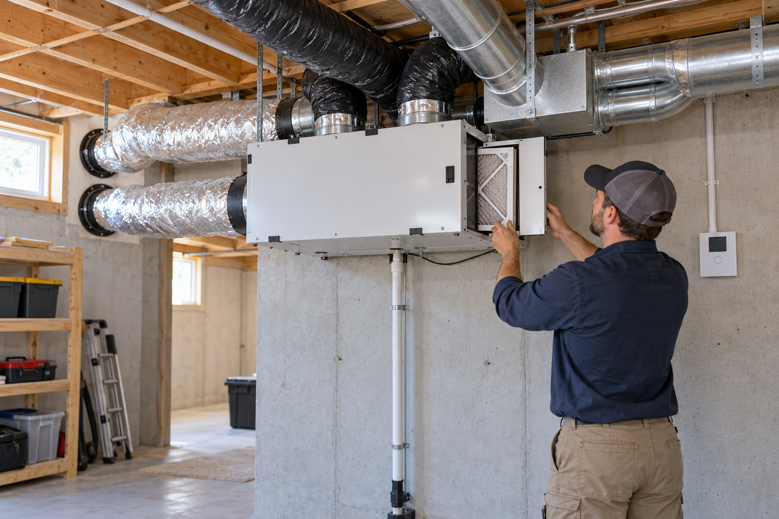 An HVAC technician checks a whole-house ventilation unit and its connected ducts in an unfinished basement.
