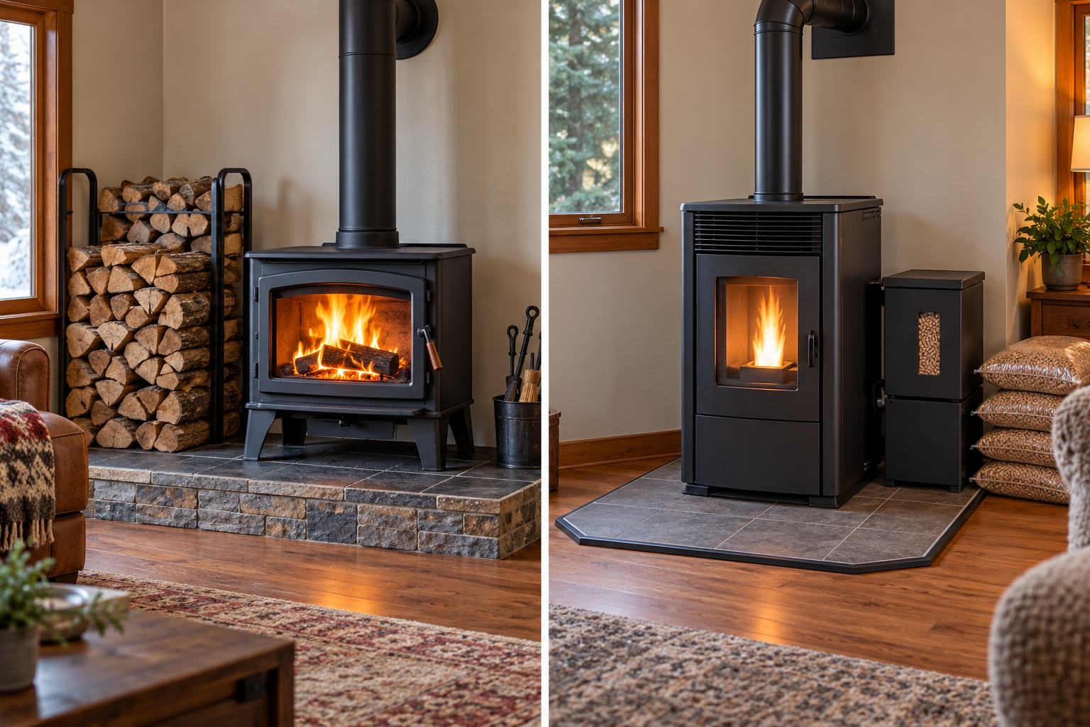 A wood stove with stacked firewood and a pellet stove with pellet fuel illustrate two heating routines.