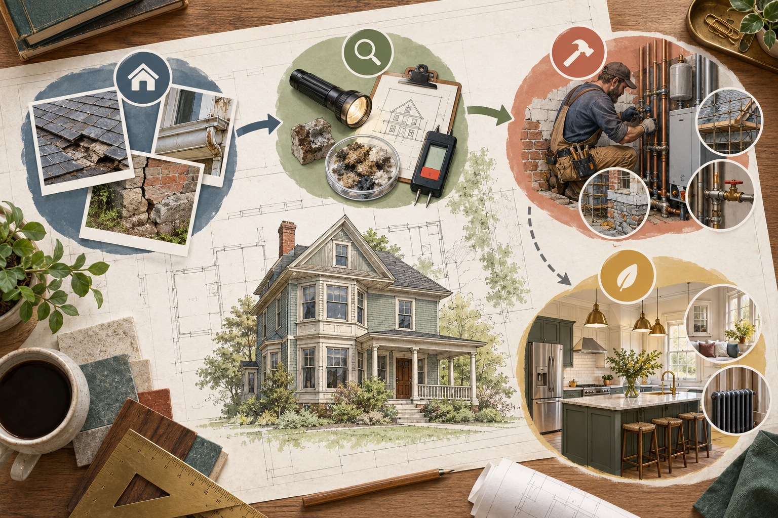 Four separate old-house budget layers: observed conditions, investigation allowances, known repairs, and optional future upgrades.