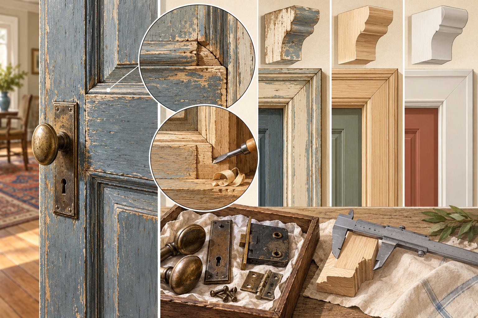 Historic door and trim treatment choices: repair original woodwork, reproduce a measured profile, or use a visibly different standard replacement.