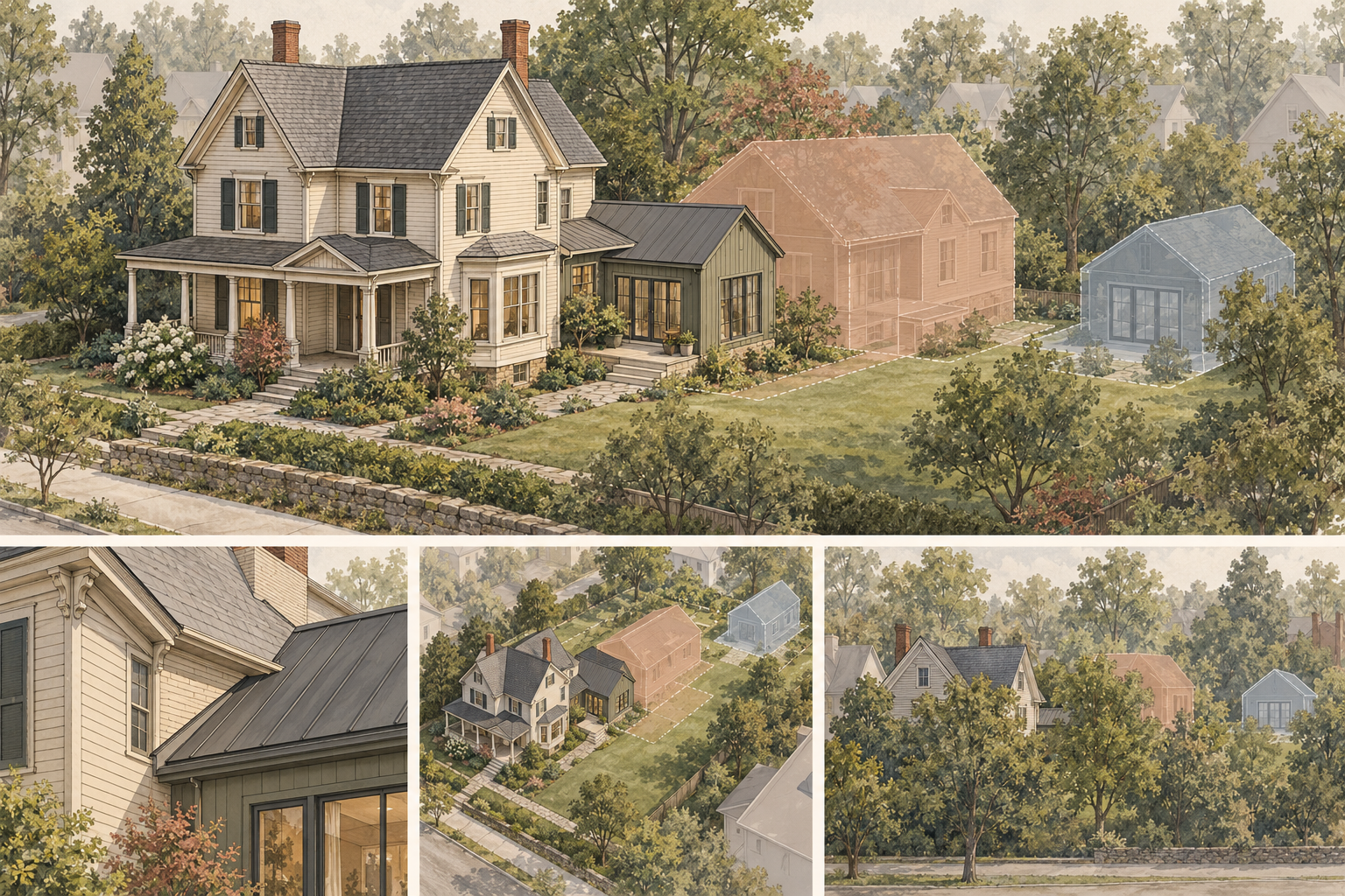 A historic house with a modest differentiated rear addition compared with a more visible side expansion and a detached alternative.