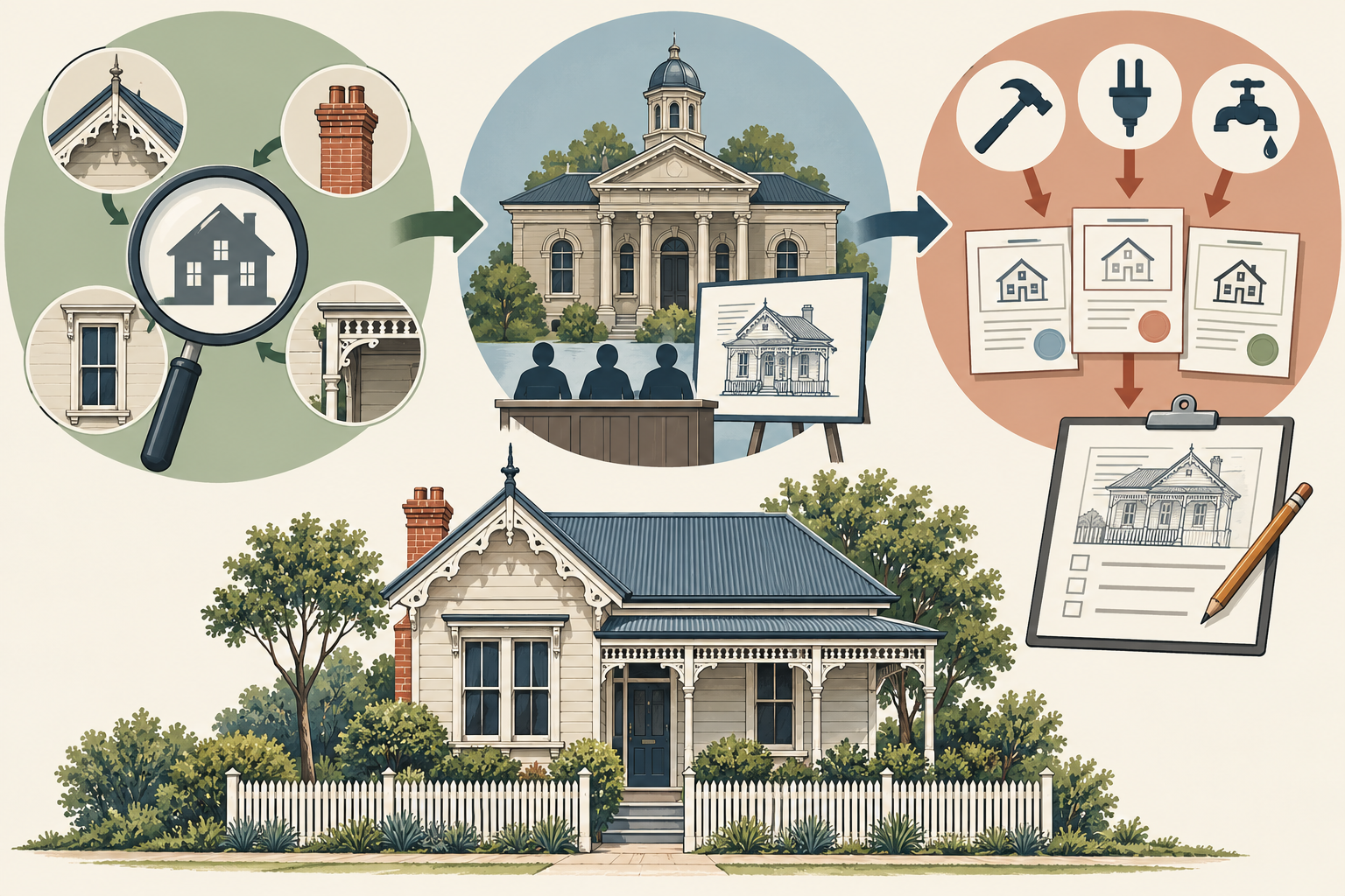 A homeowner decision sequence: identify the property status and protected features, confirm local heritage review, coordinate separate permits, then price the defined work.