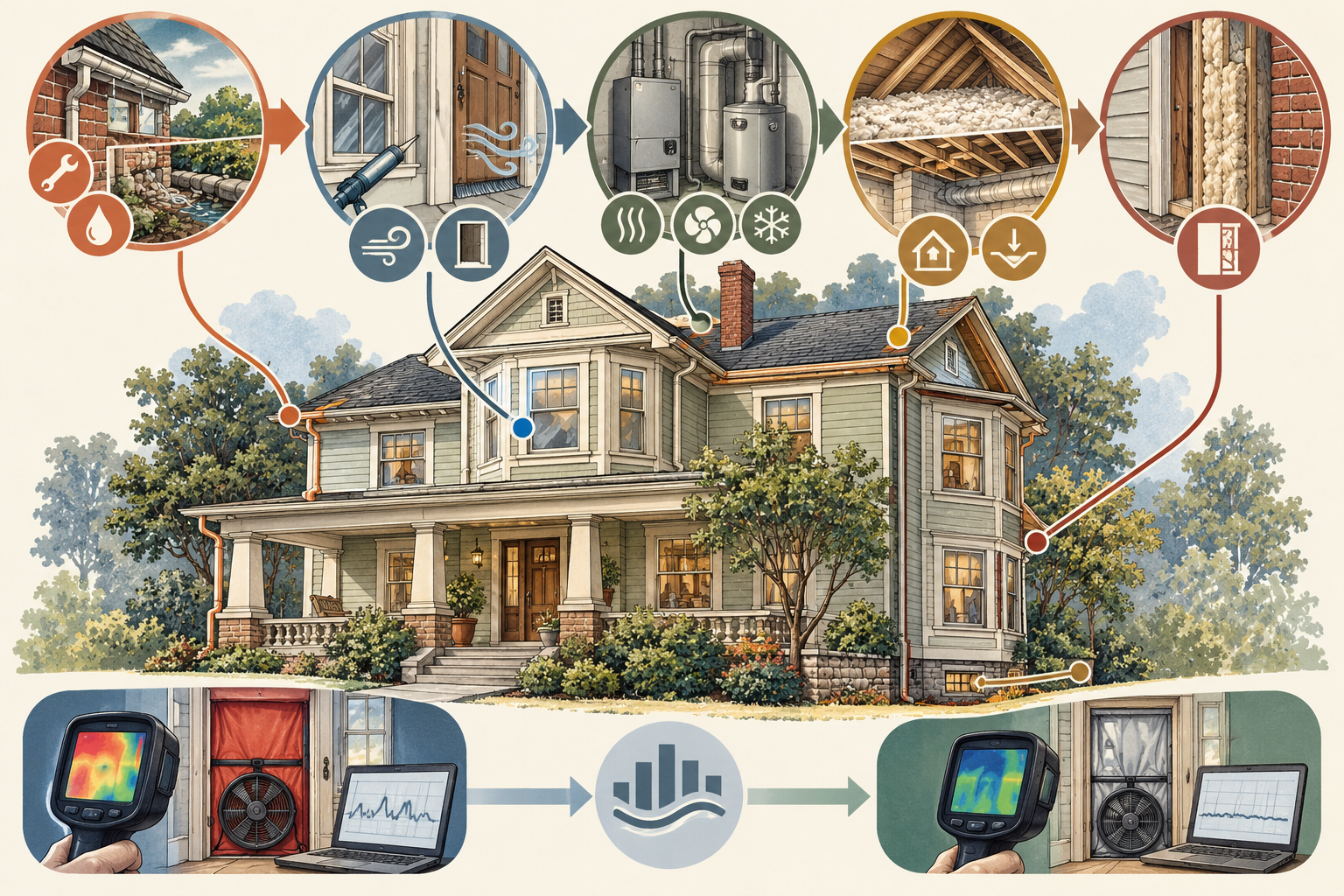 A measured historic-home retrofit sequence from water and maintenance through accessible upgrades, system assessment, and carefully evaluated insulation, with monitoring after work.