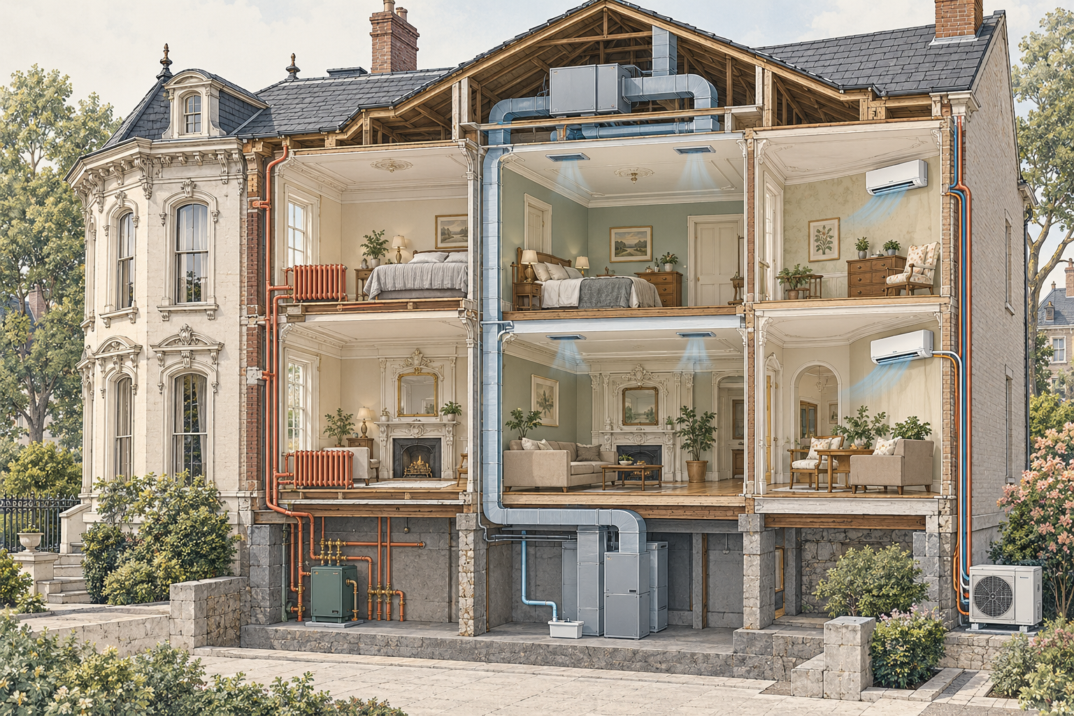 Historic-house HVAC route options: existing radiator distribution, a concealed duct route through service areas, and ductless equipment with visible room and exterior components.