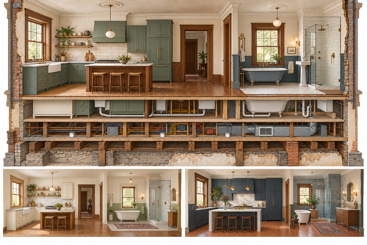 Historic kitchen renovation scope showing retained plaster and trim around new fixtures, with concealed plumbing, electrical, ventilation, structural, and restoration work.