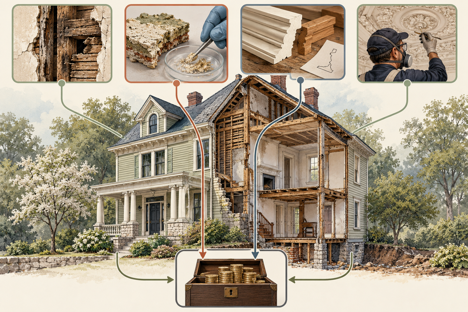 Historic renovation contingency drivers: concealed conditions, hazard testing, custom material matching, specialist access, and finish restoration.