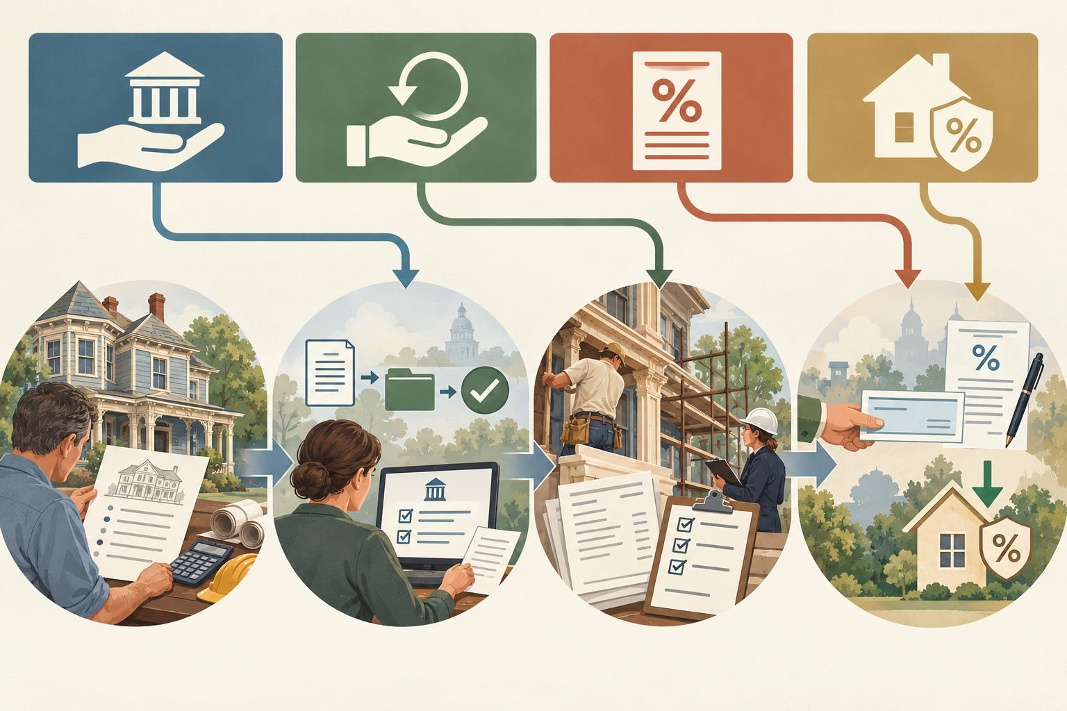 Historic-home assistance timing: prepare the full project budget, verify eligibility, complete approved work, then follow the distinct path to reimbursement or a tax benefit.