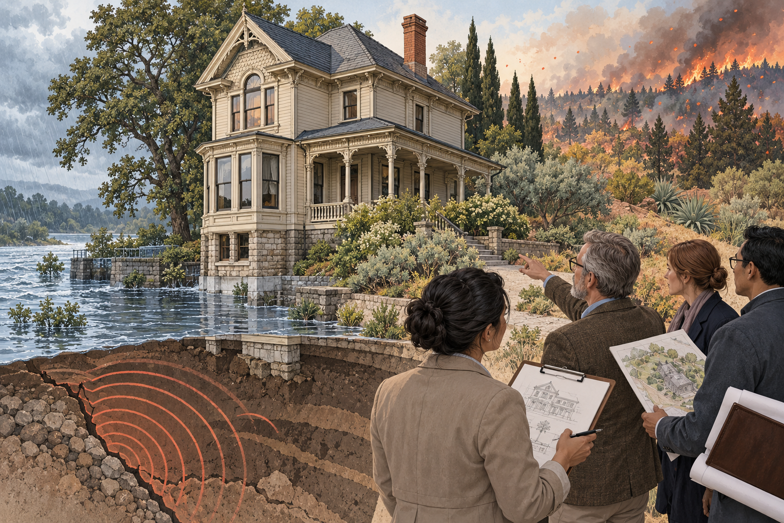 A historic house and site considered against flood, seismic, and wildfire exposure while professionals document significant features and compare mitigation options.
