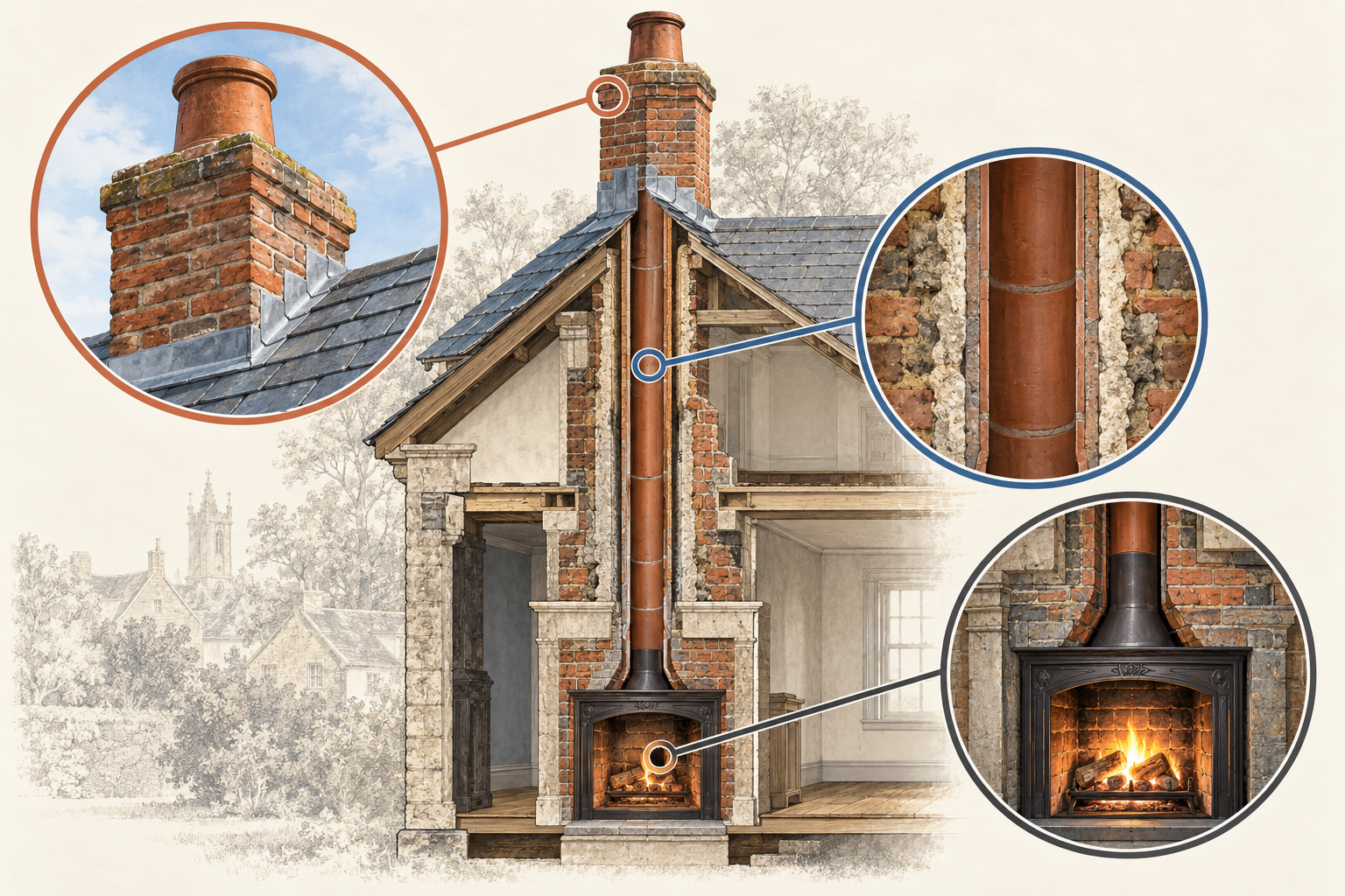 Chimney cutaway separating exterior masonry and flashing, the interior flue or liner, and the connected appliance as related but distinct scopes.