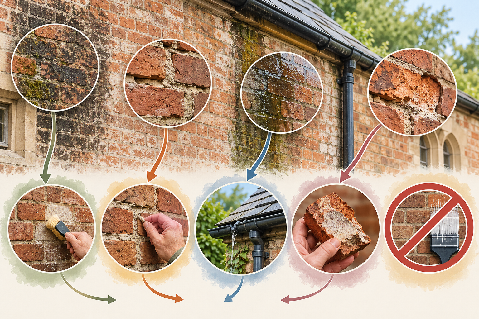 Different masonry symptoms point to different first steps: gentle cleaning test, joint assessment, water-source tracing, or material specialist review.