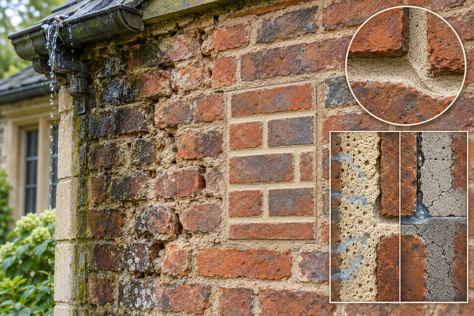 Historic brick masonry with deteriorated joints and a small test panel showing why the wall and water source need assessment before full repointing.
