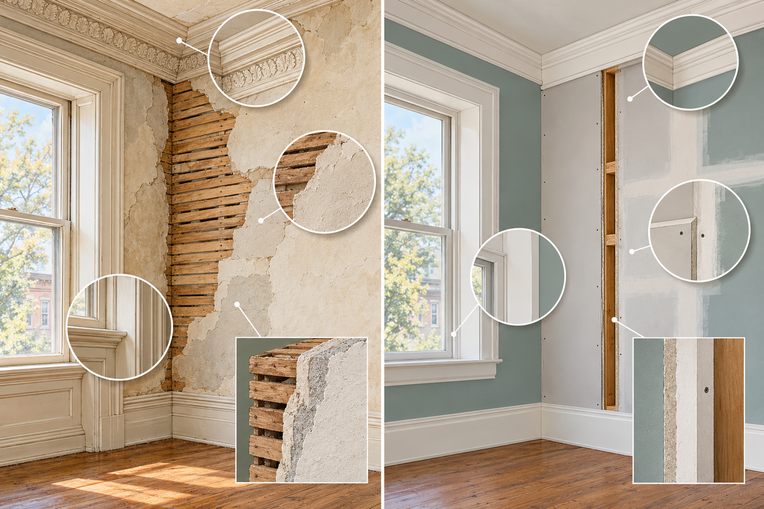 Historic plaster repair preserves lath-backed plaster and deep trim interfaces, while drywall replacement changes the wall finish and may alter reveals.
