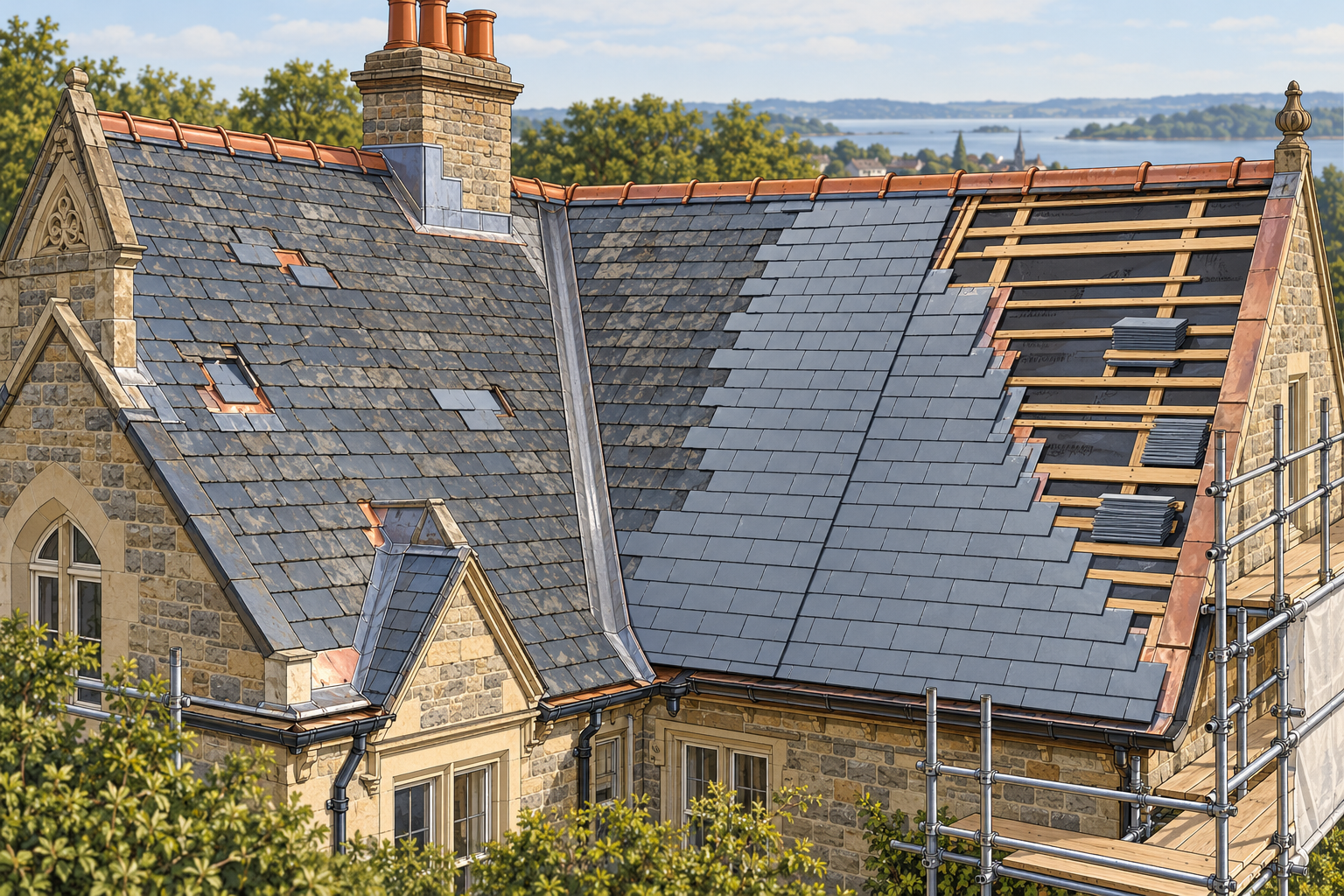Historic slate roof pathways from localized slate or flashing repair to partial replacement on one slope and full re-slating over new underlayment.