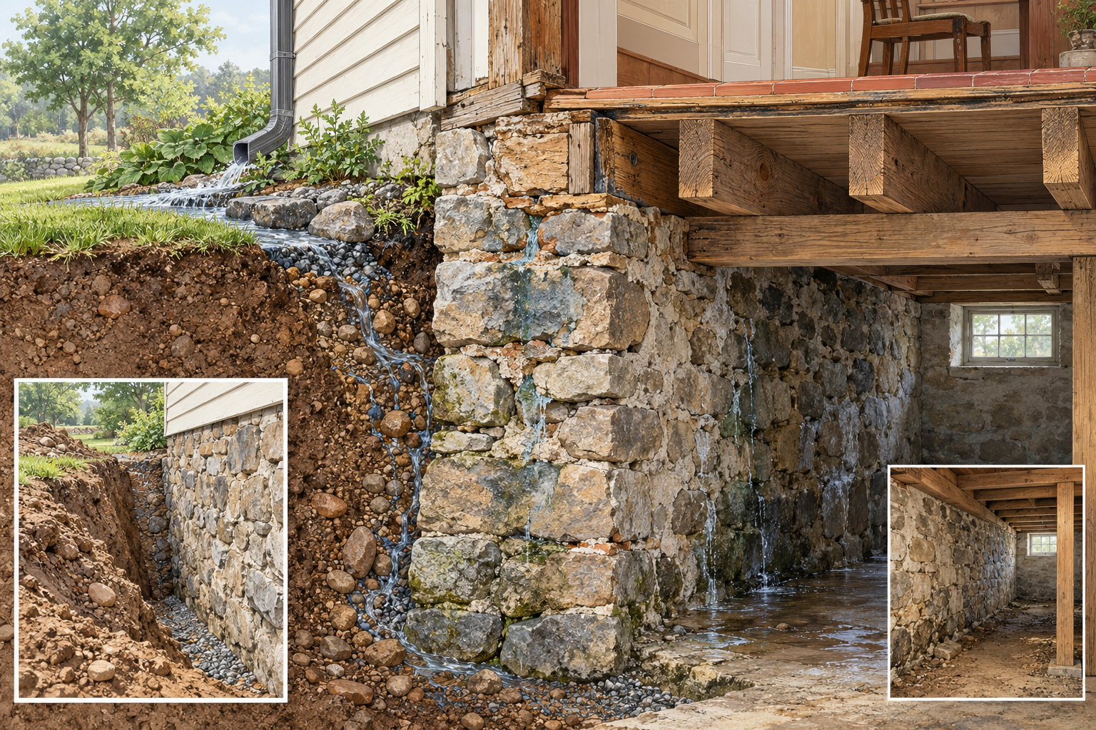 Historic stone foundation cutaway showing roof runoff, grade, masonry, floor bearing, and interior moisture as separate assessment areas.