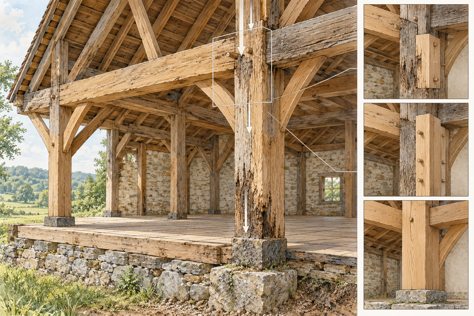 Historic timber frame with a highlighted beam-and-post load path and conceptual repair, reinforcement, and replacement options.