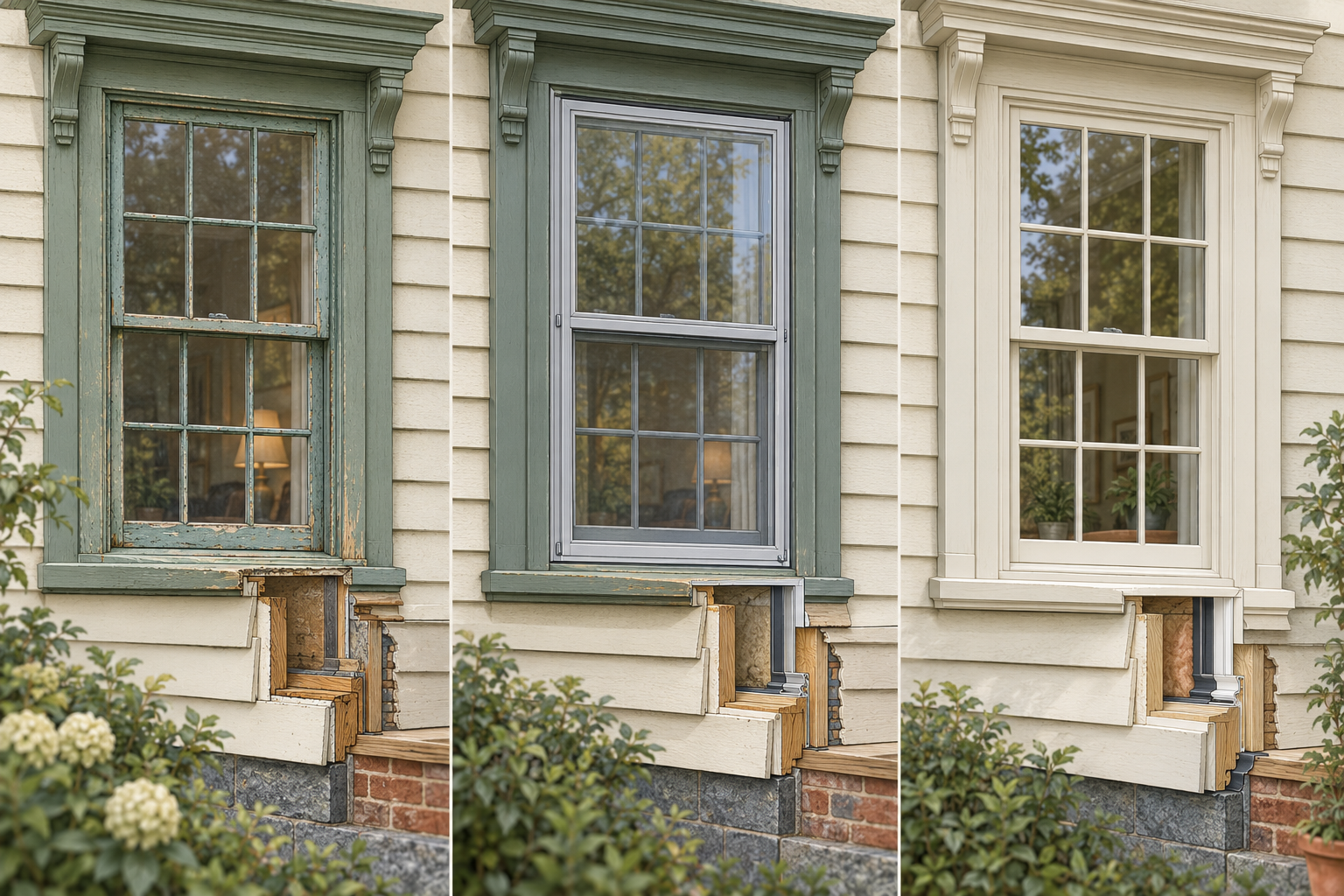 Three historic window paths: repair the original, retain it with storm-window weatherization, or selectively replace an irreparable unit while addressing the full opening.