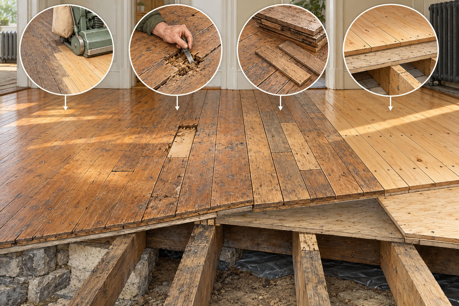 Four historic floor paths—refinishing, a localized board patch, weaving in replacement boards, and full replacement—with the subfloor shown beneath.