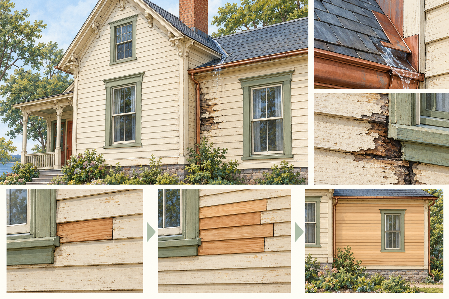 Historic wood siding with a localized decay area, water-path clues, and repair, selected-board replacement, and whole-elevation options.