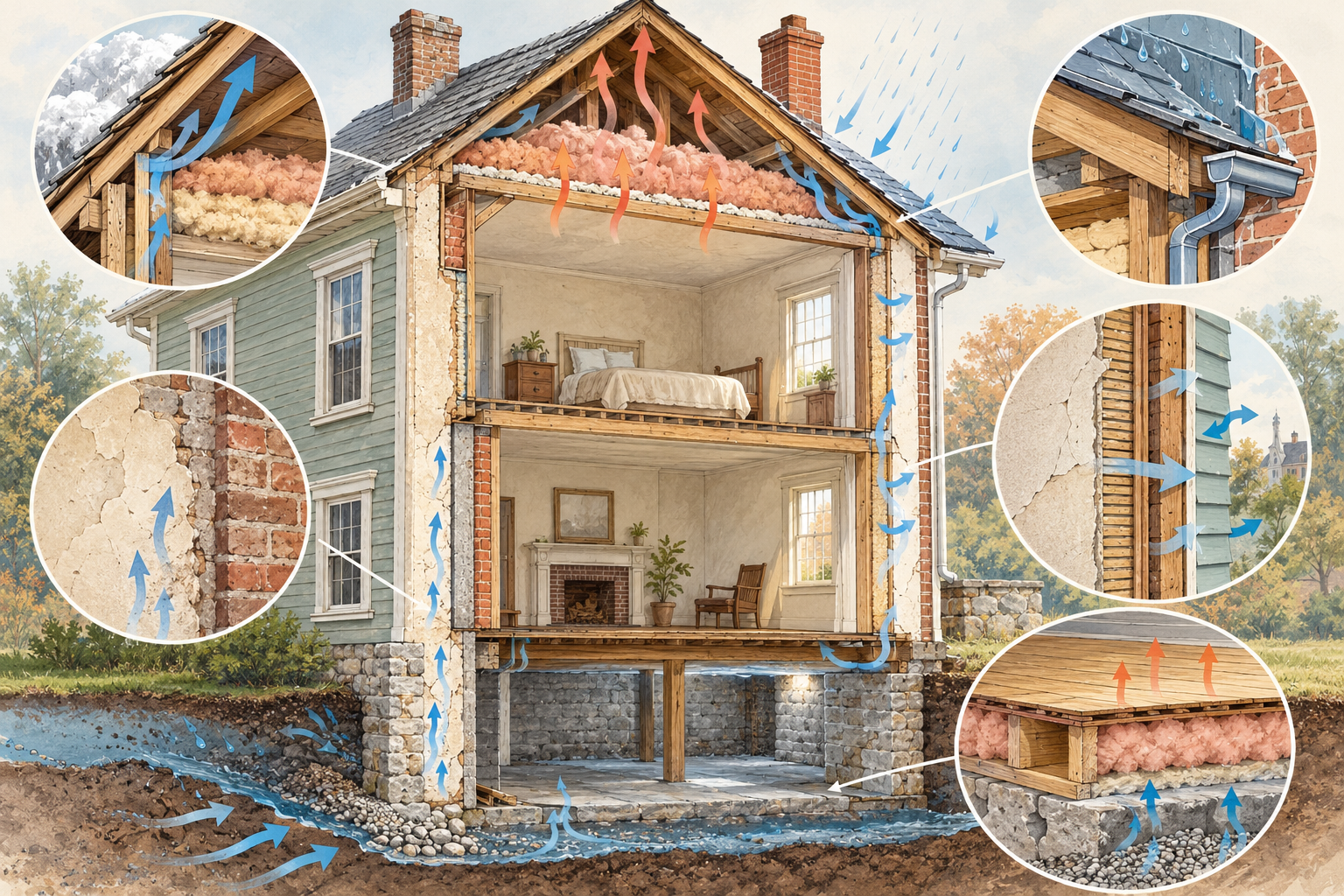 Historic wall, roof, attic, basement, and floor assemblies with insulation locations and drying paths shown as distinct building-specific conditions.